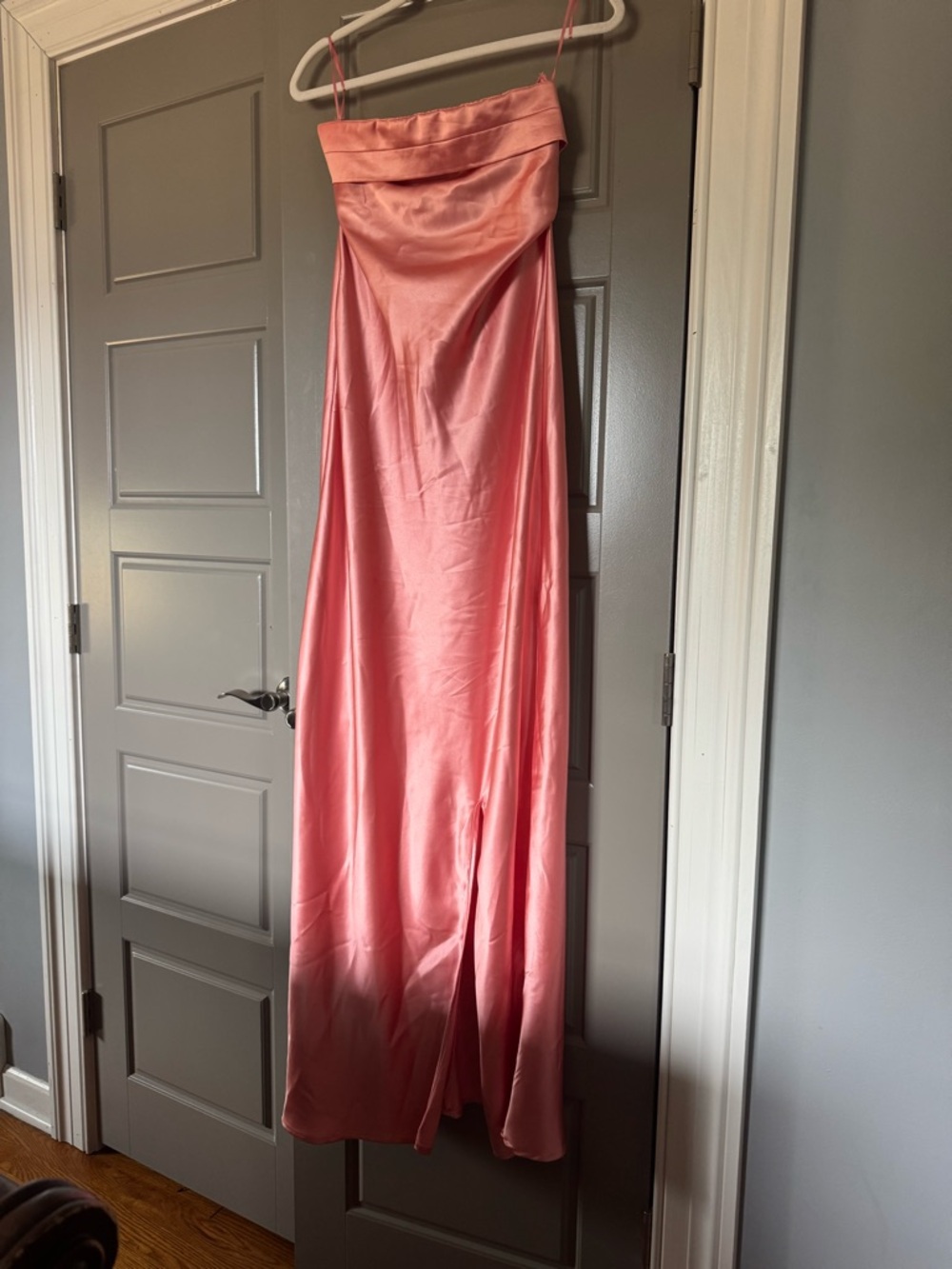 Altar'd State Satin Strapless Maxi Dress in Coral Pink